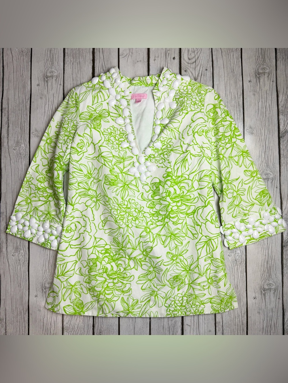 Lilly Pulitzer Women's 0 Newbury Tunic Top Draw The Line Green Beaded Shirt